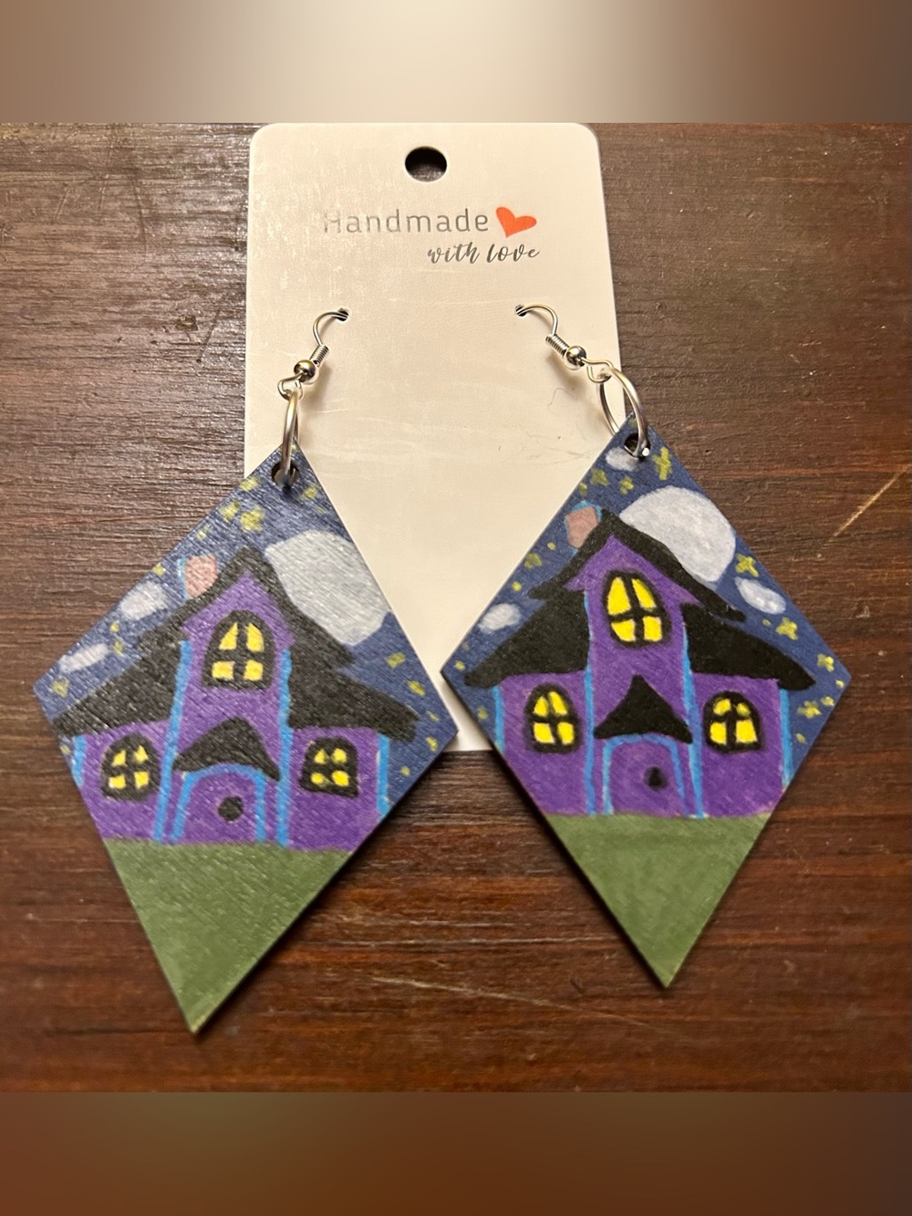 NWT Handmade Jewelry One Of A Kind Purple Haunted House Horror Earrings